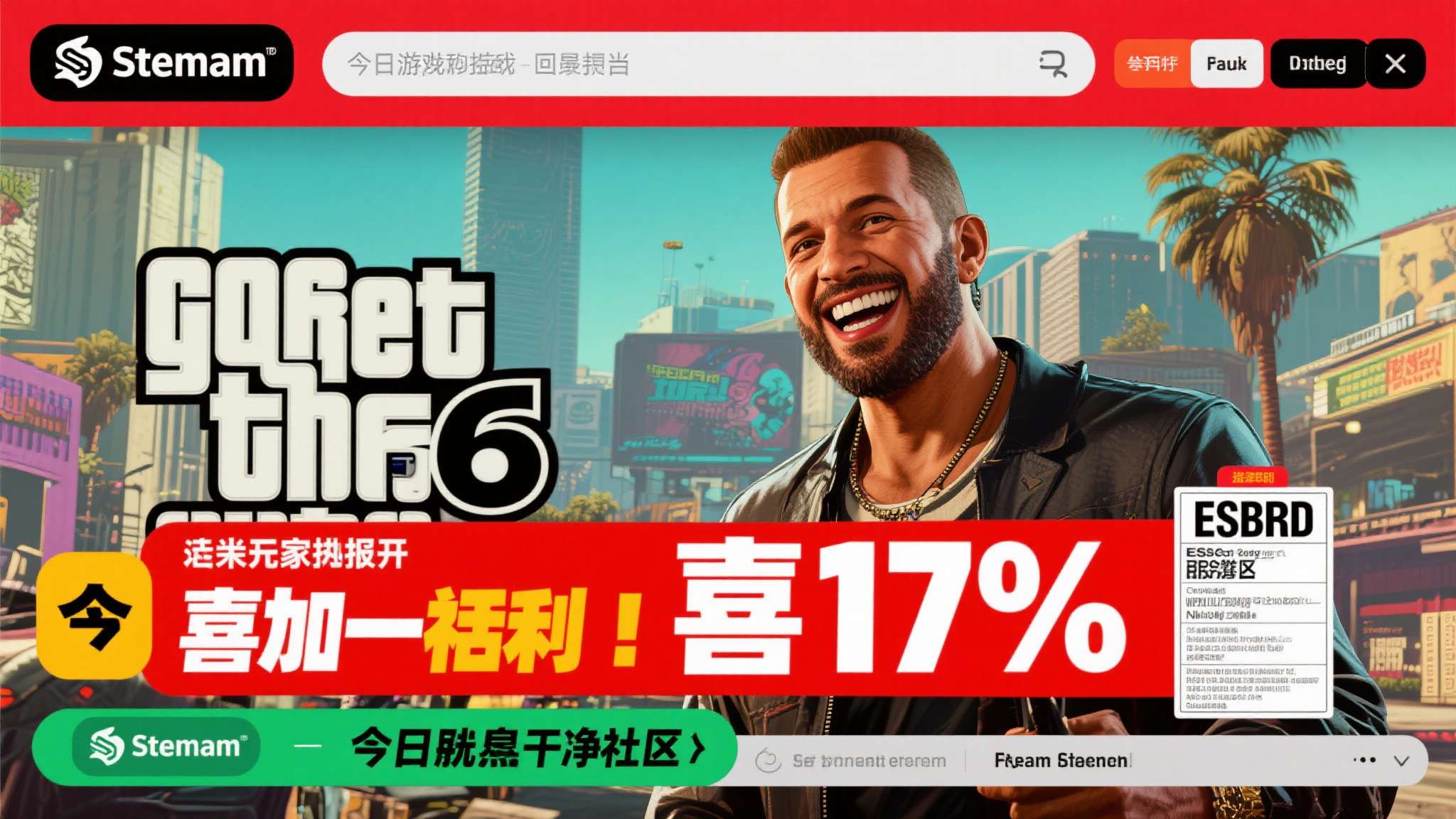 游侠早报:Steam喜加一!《GTA6》ESRB评级为17+ 每天清晨,游戏圈都在上演着属于玩家的狂欢。今日游侠早报带来两条重磅消息:Stea
